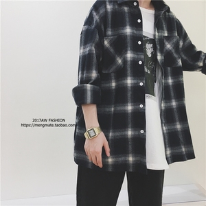 磨毛做旧黑白长袖格子衬衫 