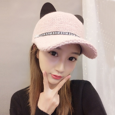 韩版可爱猫耳朵针织棒球帽子女秋冬季潮百搭时尚遮阳透气鸭舌帽