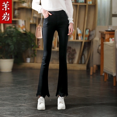 茉岩2018春秋新款女装波浪微喇裤子女松紧高腰外穿打底黑色长裤潮