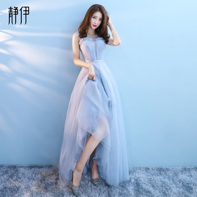 伴娘服长款2018新款秋季灰色显瘦姐妹团礼服婚礼晚礼服裙女连衣裙