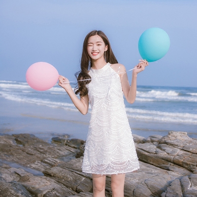 2018夏季新款韩版女装宽松显瘦A字裙无袖挂脖流苏蕾丝连衣裙裙子