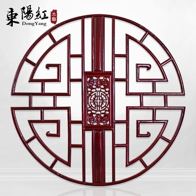 东阳木雕挂件仿古榆木玄关中式实木客厅镂空背景墙圆形花窗格壁饰