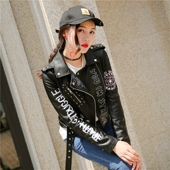 短字母印花夹克外套女装 皮衣欧美嘻哈机车翻领PU皮衣女修身 时尚