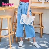 honeys2018夏新款内扣花边高腰流苏摆丹宁牛仔阔腿裤615-72-9710