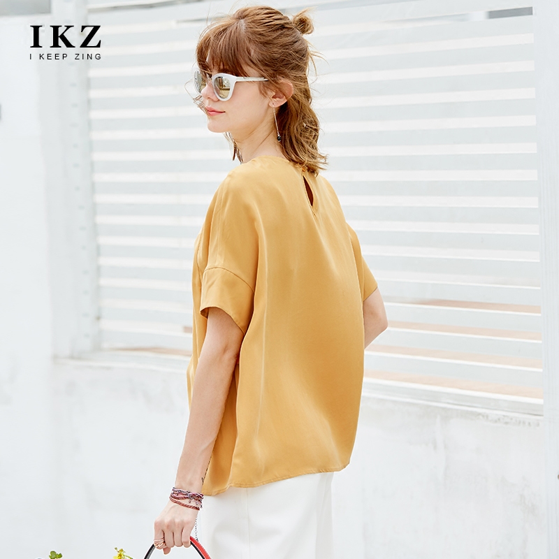 IKZ2018夏季新款女装真丝上衣圆领大码宽松桑