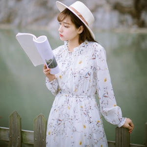 安小落2018春季新款文艺清新印花雪纺裙