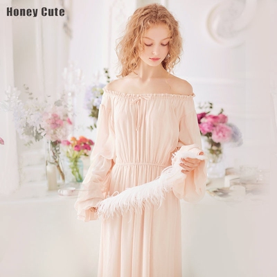 honeycute长款睡裙女春夏季雪纺纱公主宫廷睡衣纯色可外穿家居服