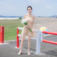 2018夏季新款女装修身显瘦初恋裙吊带露肩一字肩网纱连衣裙夏裙子