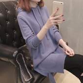 带帽针织衫女套头开叉中长款春装2018新款女外套卫衣春季连帽毛衣