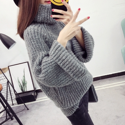 冬季加厚高领粗线毛衣女套头宽松短款慵懒韩版学生针织衫线衣外套