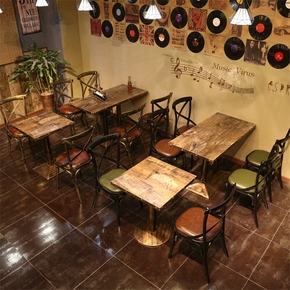 美式LOFT铁艺实木餐桌星巴克咖啡厅桌椅组合工业风酒吧复古吧台桌