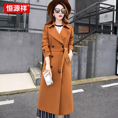 恒源祥焦糖色过膝风衣女长款2017秋季新款英伦风系带外套女春秋厚商品大图