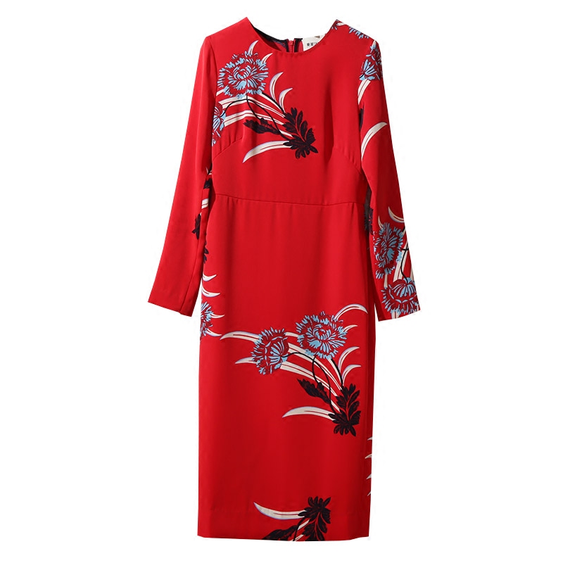5141 2018春季新款真丝连衣裙红色印花长袖气