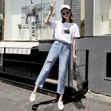 破洞阔腿牛仔裤女宽松夏季薄款高腰学生九分港味裤子ins超火直筒