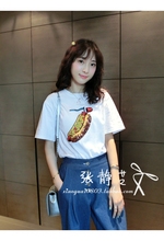 韩国代购 夏季萌趣重工闪片热狗图案弹力T恤 2色 张静芝