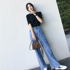 高腰浅色阔腿牛仔裤女2019春秋季新款宽松直筒韩版垂感老爹裤显瘦