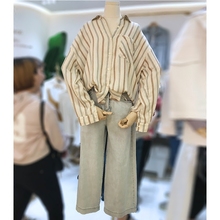 女宽松条纹衬衫 女装 高腰阔腿牛仔裤 胖妹妹胖MM洋气减龄套装 大码