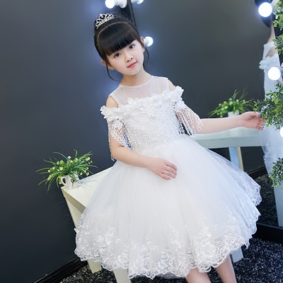 花童礼服公主裙蕾丝花边女孩连衣裙女童婚纱流苏白色演出服春新款