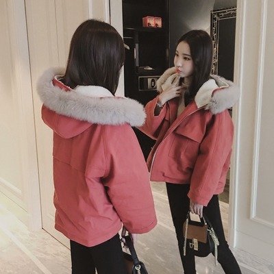 反季2018新款羊羔毛学生棉衣短款连帽毛领秋冬工装棉服外套女棉袄