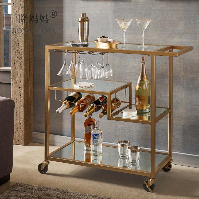 Golden dining car Metal tempered glass trolley Mobile villa food delivery Silent bar Steakhouse Goblet car