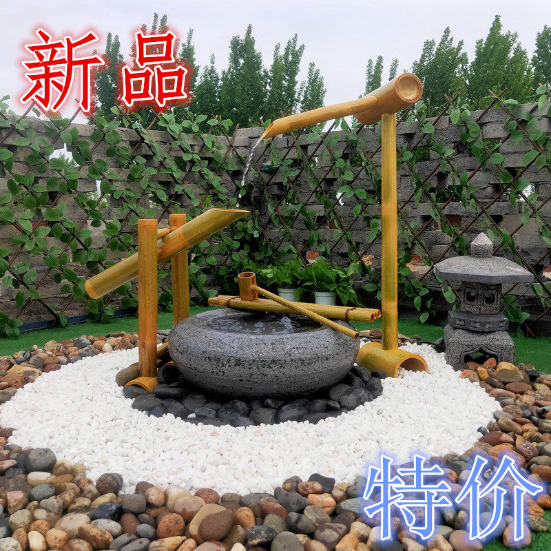 Japanese stone bowl Garden water feature Outdoor flower pot Stone Bonsai view Jinglu Bamboo running water Stone water tank Stone tank water bowl