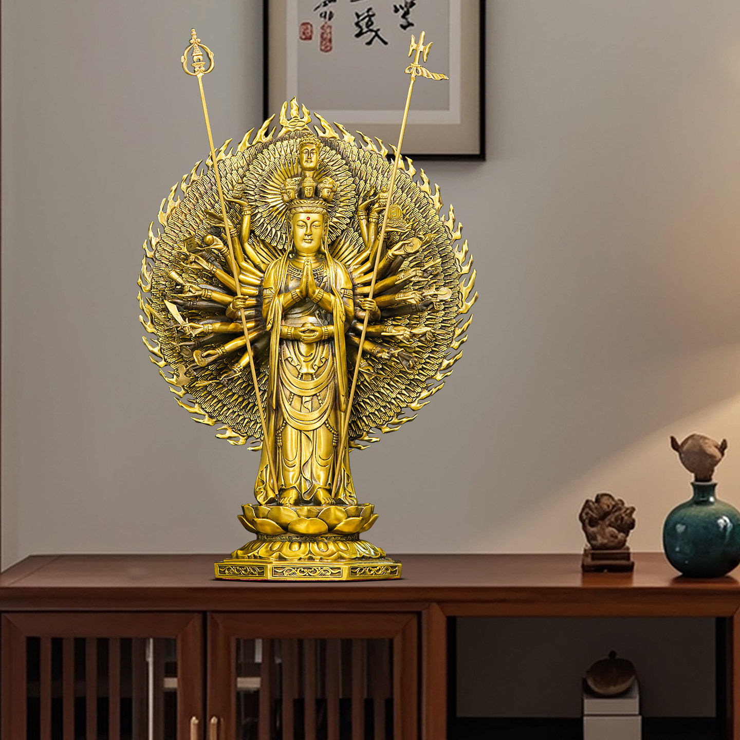 銅器 彫刻千手観音像 重厚 希少 応接間 玄関 茶室 風水 置物 工芸品 売り最安価格 珍品☆開光千手観音仏像 純銅密宗仏像 鎮宅辟邪 風水鎮宅