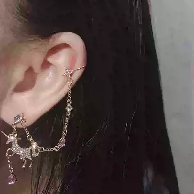 Net red super fairy Air girl heart 925 silver needle carousel rhinestone integrated ear clip earrings