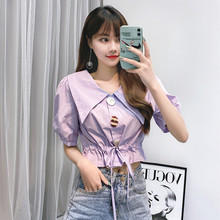 Purple shirt women's Hong Kong style short sleeve top summer short lace up waist foam sleeve baby collar