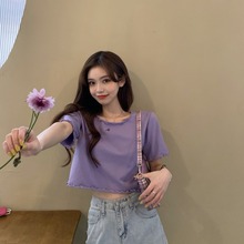 Hong Kong style retro fungus edge open navel short sleeve top T-shirt women's new short style in 2020