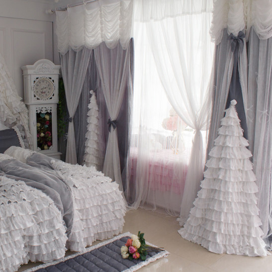 Floor-to-ceiling curtain Princess bedroom shading dream living room White Gray Nordic luxury girl custom lace style