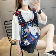 Hollow fake two piece medium long cartoon T-shirt skirt short sleeve ice mesh quick drying clothes for women