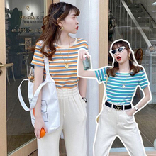 Short sleeved cotton jitter, T-shirt, female ins super tiktok 2020 new striped bottoming shirt summer