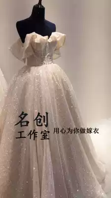 High-end luxury heavy industry 2021 new trailing main wedding dress skirt bride covered arm one-shoulder starry sky wedding dress