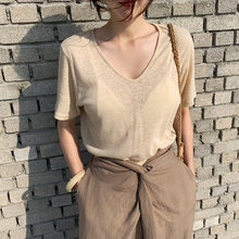 Tencel V collar short sleeved T-shirt, loose loose women all match low collar ice cream mask, thin style coat.