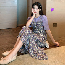 Summer dress 2020 new women's dress slightly fat thin Purple Floral dress with two suspenders