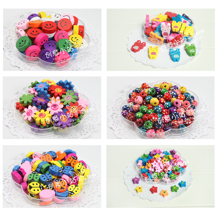 Wooden beads Beaded flowers small fish Ladybug five-pointed star beaded round beads Sun handmade necklace Beaded colorful beads