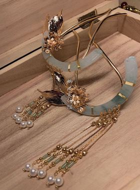 原创翡翠流苏发簪配饰珍珠